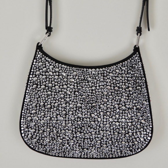 Prada Crystal Cleo Black Leather Silver Swarovski NIB Shoulder Bag Handag - Picture 5 of 9